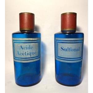 Pharmacy Bottles. 19th Century. Apothecary. Blue Glass. Sulfonal. Acetic Acid.