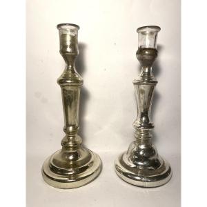 19th Century Blown And Reverse-painted Glass Candlesticks