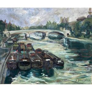J. Prédine. " Barges On The Seine. The Pont Royal. Paris". French School, Early 20th Century.