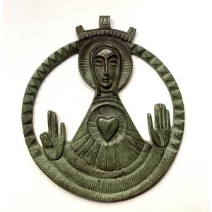 Jean Lambert-rucki. Patinated Bronze Medallion, Mid-20th . Christ Blessing. Burning Heart. 
