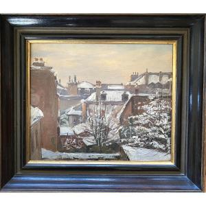 “roofs Under The Snow”. Framed Oil On Panel. French School, Early 20th Century. 