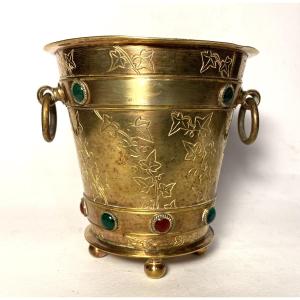 Small 19th  Bronze Planter. Decorated With Engraved Ivy Leaves And Glass Cabochons.  