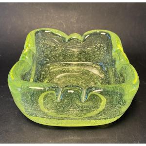 Anise Green Bubbled Crystal Bowl. Vaseline Glass. Mid-20th. Schneider, France.