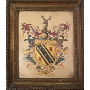 Coat Of Arms/blazon. Harford. Gouache With Gold Highlights On Paper, 19th Century. Framed Wooden Support.