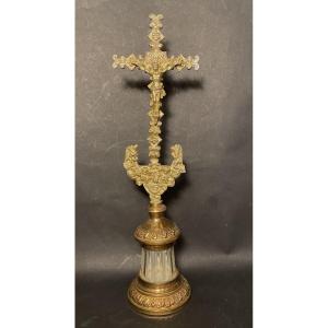 19th Crucifix Monstrance Or Reliquary. Bronze, Brass And Crystal. 