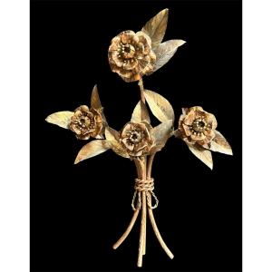Early 20th Decorative Wall Sconce. Bouquet Of Flowers. Ironwork. Copper And Wrought Iron.
