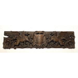 18th  Bas-relief. Carved Wooden Panel. Winged Griffins And Rosettes Framing A Coat Of Arms. 