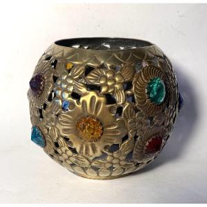 Lampshade For Candle Holder Or Nightlight. Early 20th. Pierced Brass And Jeweled With Glass. 