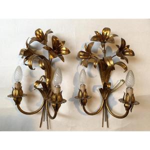 Pair Of Gold-tone Metal Wall Lights. 1960s. Floral Design. 
