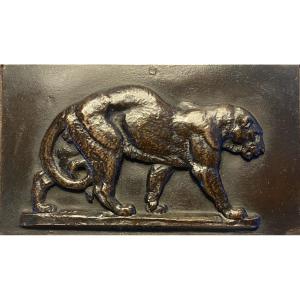 Walking Panther. Bronze Bas-relief With Brown Patina, 19th Century. After Antoine Barye.