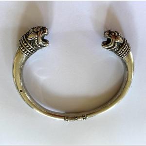 Arthus Bertrand. Solid Silver Bracelet After The Antique. Roaring Lioness Heads. 