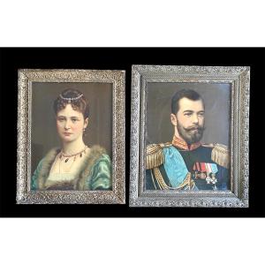 Portraits Of Tsar Nicholas II And Tsarina Alexandra. Chromolithographs, Late 19th Century.