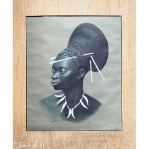 Portrait Of A Mangbetu Woman. Pastel And Gouache On Paper. Mid-20th Century.