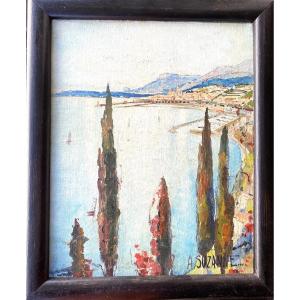 André Suzanne. “view Of The City Of Menton”. Framed Oil On Canvas, Mid-20th Century. 
