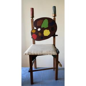 Curiosity. Painter's Chair. Palette, Canvas On Stretcher And Brushes. Unique Piece. From The 70's.