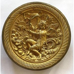 Gilt Bronze Medallion, Early 19th Century. Eros. Cupid On A Cloud.