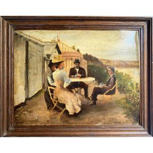 “playing Cards By The Sea”. Framed Oil On Canvas Board. French School. Late XIXth.
