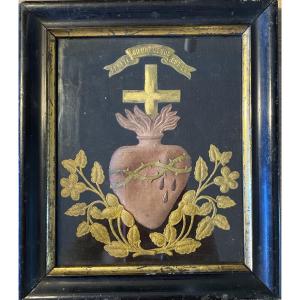Ex-voto. Heart Of Jesus. Religious Embroidery On Black Velvet Background. 19th Century.