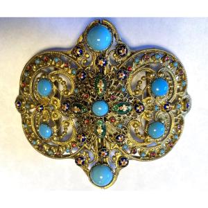 19th Belt Buckle. Gilded Metal With Bresse Enamels And Glass Paste Cabochons.