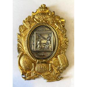 XIXth Religious Ex-voto. The Annunciation. Gilded Brass Frame And Silver-plated Medallion.