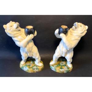 Georges Dreyfus. Pair Of Candlesticks In Barbotine. 19th. Standing Bears.
