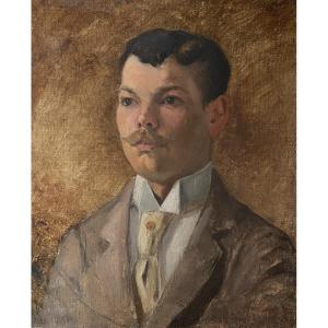 Gaston Simoes De Fonseca. Portrait Of A Young Man. Framed Oil On Canvas, Early 20th Century.
