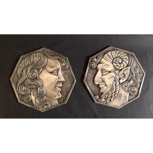 Pair Of Art Deco Silver-plated Bronze Medallions, Early 20th Century. Faun And Nymph.