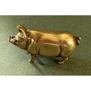 Small 19th Century Brass Pocket Pyrogen. Animal Subject. Pig