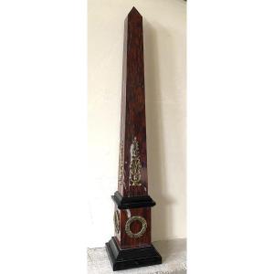 Obelisk In Red And Black Marble Decorated With Neoclassical Bronzes. Early 20th .