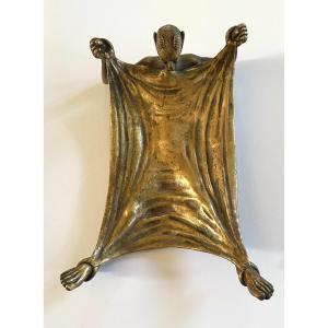 Pocket Organizer. Card Holder. 19th Century Bronze Tray. Reclining Devil Draping Himself.