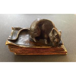 Mouse Nibbling A Book. 19th Century Bronze Paperweight.