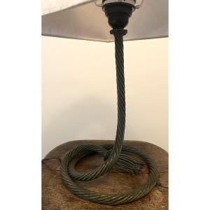 Forged Metal Lamp Base In Trompe-l'oeil Of Knotted Rope. Grey-green Patina. 1980s.