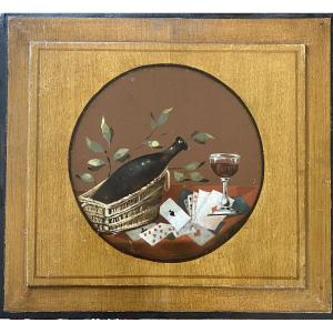 “ Still Life: Wine And A Deck Of Cards.” Decorative Panel. Oil On Wood, 19th Century.