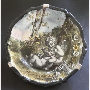 19th Earthenware Dish Used As A Flower Vase. Painted Decoration. Cupid. Cherubs In A Garden.