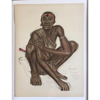 African Man Crouching. Lithograph By A. Iacovleff.