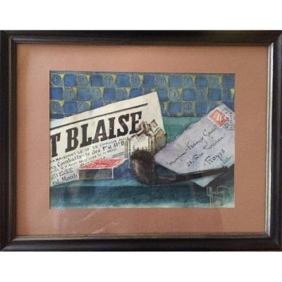 Gouache On Paper.sill Life. Veterans Newspapers, Tobacco.