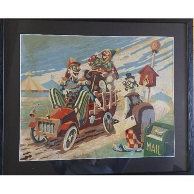 “three Clowns. By Car ! Circus. Oil On Paper. XXth American School