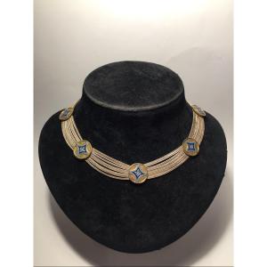Necklace In Silver, Enamel And Vermeil. Braided Mesh Chains. 1970s.