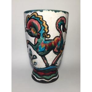 Mid-20th Century Ceramic Vase. Enamelled Decoration Horses And Plants.