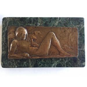 Art Nouveau Bronze Bas-relief. Paperweight. Reclining Female Nude.
