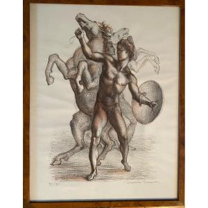 Naked Warrior Holding A Rearing Horse. Neoclassical Lithography. Mid XXth.