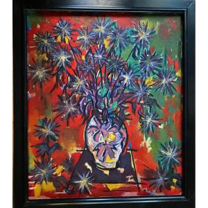 “ Dahlias”. Oil On Cardboard. Mid 20th . Raymond Guidot.