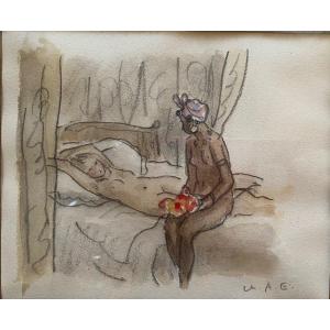 “ The Modern Olympia”. Female Nudes. Watercolor Drawing Early 20th Century. Ch. Ae