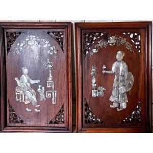 Pair Of Chinese Wood And Mother-of-pearl Panels
