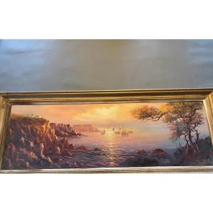 Oil On Canvas Breton Marine By The Painter Le Queffelec Pseudonym Of The Painter Georges Quitaine 