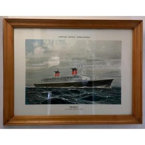 Framed Poster Of The Maritime Agency "le France" After Marin Marie