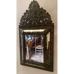 Louis XIV Style Embossed Brass Beaded Mirror From The 19th Century