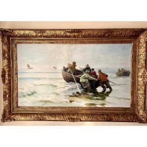 Large Oil On Canvas By Charles Emile-joseph Roussel 1861: 1936 Fishermen At Sea In Berck
