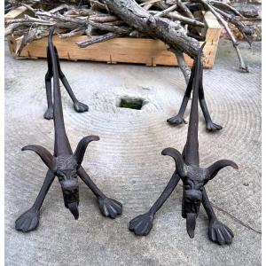 Pair Of Wrought Iron Andirons - Stylized Dogs