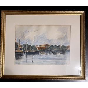 Watercolor Of The Port Of St Tropez, Mid-20th Century